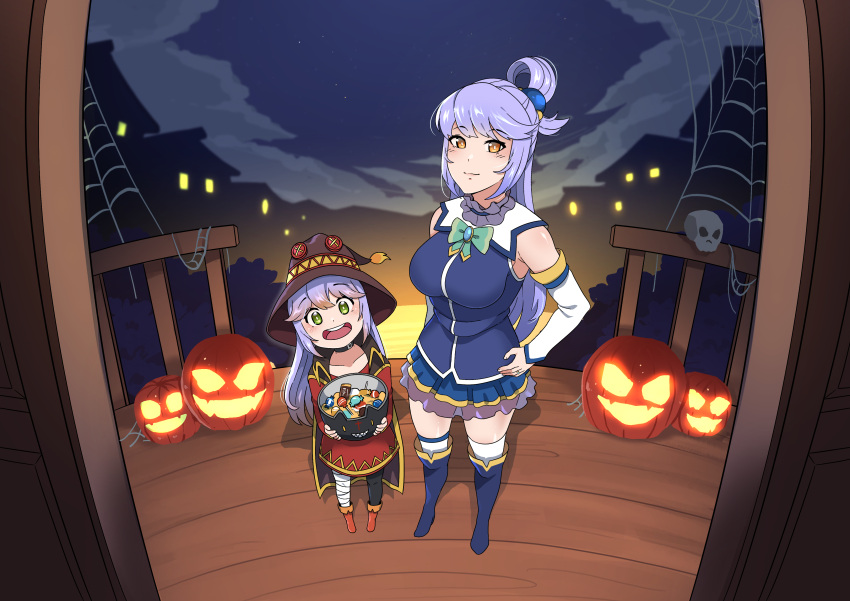 2girls absurdres alternate_costume aqua_(konosuba) aqua_(konosuba)_(cosplay) azur_lane bandaged_leg bandages black_choker black_headwear black_thighhighs blue_footwear blue_shirt boots bow bowtie breasts candy canned_sardines choker commission cosplay dress essex_(azur_lane) food from_above gem green_bow green_eyes hair_ornament halloween hat highres jack-o'-lantern kono_subarashii_sekai_ni_shukufuku_wo! large_breasts long_hair long_sleeves megumin megumin_(cosplay) mother_and_daughter multiple_girls open_mouth orange_eyes pumpkin purple_hair red_dress shirt silk single_hair_ring single_thighhigh skull sleeveless sleeveless_shirt spider_web teeth thigh_boots thighhighs thighhighs_under_boots trick_or_treat upper_teeth_only white_thighhighs witch_hat