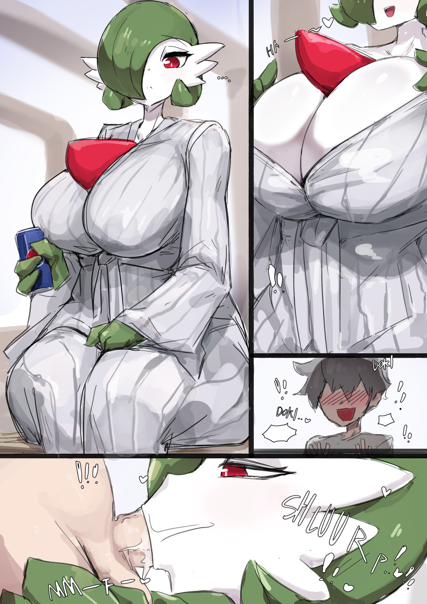 absurd_res anthro blush breasts clothed clothing duo female gardevoir generation_3_pokemon green_hair hair hi_res human male male/female mammal menyang nintendo oral oral_penetration penetration pokemon pokemon_(species) red_eyes white_body