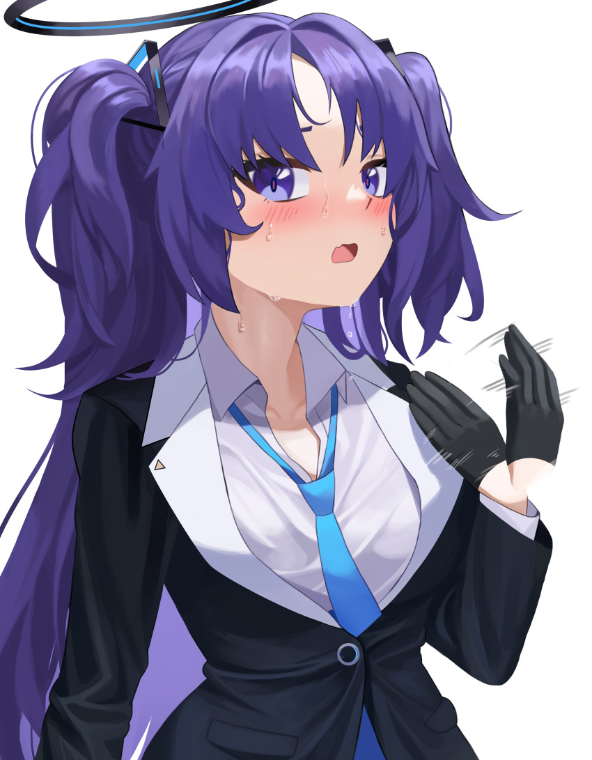 1girl :o absurdres afterimage black_gloves blazer blue_archive blush collarbone collared_shirt commentary_request ddog embarrassed gloves hair_ornament half_gloves halo highres hot jacket long_hair long_sleeves looking_at_viewer motion_lines necktie nose_blush parted_bangs purple_eyes purple_hair school_uniform shirt sidelocks simple_background solo sweat two_side_up waving_hands white_background yuuka_(blue_archive)