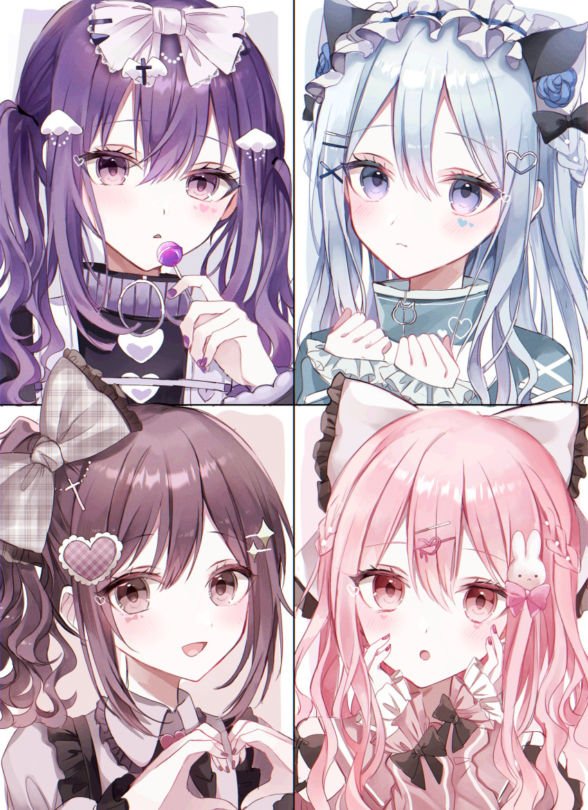 1other 3girls :d absurdres akiyama_mizuki alternate_hairstyle androgynous animal_ears animal_hair_ornament asahina_mafuyu black_bow black_shirt blue_eyes blue_flower blue_hair border bow braid brown_eyes brown_hair brown_nails candy cat_ears cat_o-ring closed_mouth clothing_cutout colored_eyelashes commentary cross cross-laced_clothes cross-laced_sleeves curly_hair diamond_(shape) diamond_hair_ornament double-parted_bangs expressionless eyelashes facial_mark fake_animal_ears fingernails flower food framed frilled_bow frilled_shirt_collar frilled_sleeves frills grey_bow grey_shirt hair_between_eyes hair_ornament hairclip hands_on_own_face hands_up heart heart_facial_mark heart_hair_ornament heart_hands highres holding holding_candy holding_food holding_lollipop latin_cross lavender_background light_blue_background light_blue_hair light_blush light_brown_background lollipop long_hair long_sleeves looking_at_viewer maid_headdress multiple_girls nail_polish o-ring open_mouth parted_lips pink_background pink_bow pink_nails pink_sailor_collar plaid plaid_bow portrait project_sekai purple_eyes purple_hair purple_nails purple_sweater rabbit_hair_ornament sailor_collar shinonome_ena shirt shoulder_cutout side_braid side_ponytail single_braid sleeves_past_wrists smile sweater triangle_mouth two-tone_bow two-tone_shirt two_side_up white_border white_bow xokikox yami_kawaii yoisaki_kanade