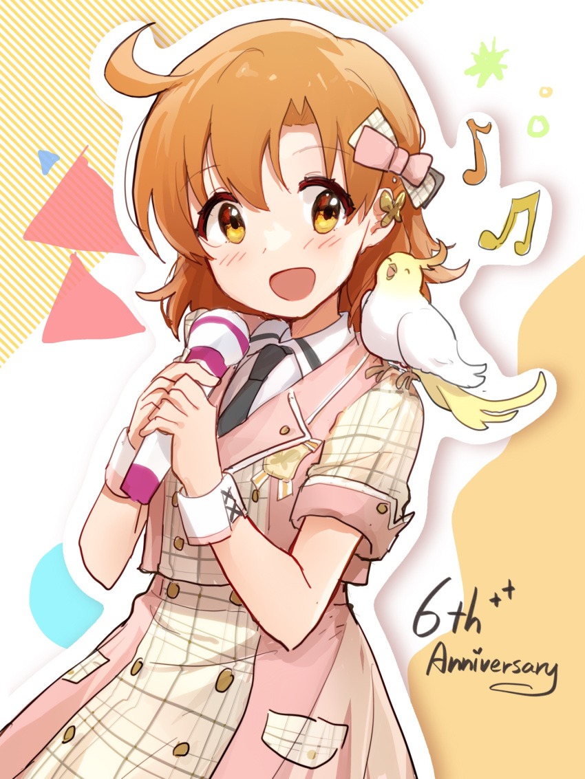 1girl ahoge anniversary beamed_sixteenth_notes bird black_necktie blush brown_dress butterfly_hair_ornament cockatiel dress eighth_note english_text eyelashes hair_ornament hair_ribbon highres holding holding_microphone idolmaster idolmaster_million_live! idolmaster_million_live!_theater_days medium_hair microphone music musical_note necktie nnnn open_mouth orange_eyes orange_hair plaid plaid_dress ribbon simple_background singing smile yabuki_kana