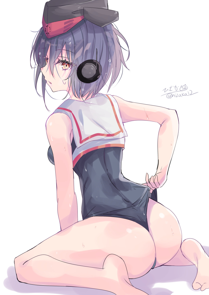 1girl absurdres adjusting_clothes adjusting_swimsuit ass asymmetrical_hair black_hair black_one-piece_swimsuit blush brown_eyes gloves hair_between_eyes highres hizaka i-13_(kancolle) kantai_collection looking_at_viewer looking_back one-piece_swimsuit open_mouth sailor_collar school_swimsuit shadow short_hair signature single_glove sitting solo swimsuit swimsuit_under_clothes wariza white_background