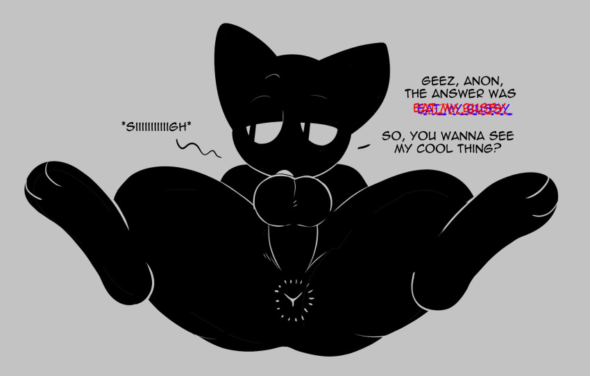 abigrock anthro anus balls black_body black_fur bored_expression butt domestic_cat english_text felid feline felis fur genitals hi_res male mammal perineum presenting presenting_anus short_stack solo text