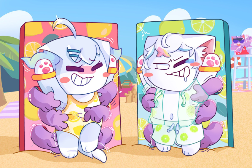 beach clothing dnaxcat dollytraiter07 domestic_cat duo felid feline felis female gameshow hi_res mammal punishment seaside swimwear tickletorture tickling torture