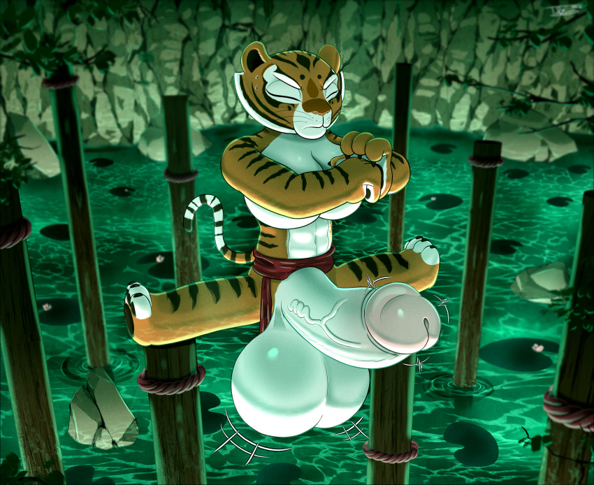 absurd_res balls big_balls big_breasts big_penis breasts dreamworks effects erection eyes_closed felid genitals hi_res huge_balls huge_breasts huge_filesize huge_penis humanoid intersex kung_fu_panda mammal master_tigress meditating meditation pantherine penis rock solo striped_body stripes tail tiger tohilewd training water