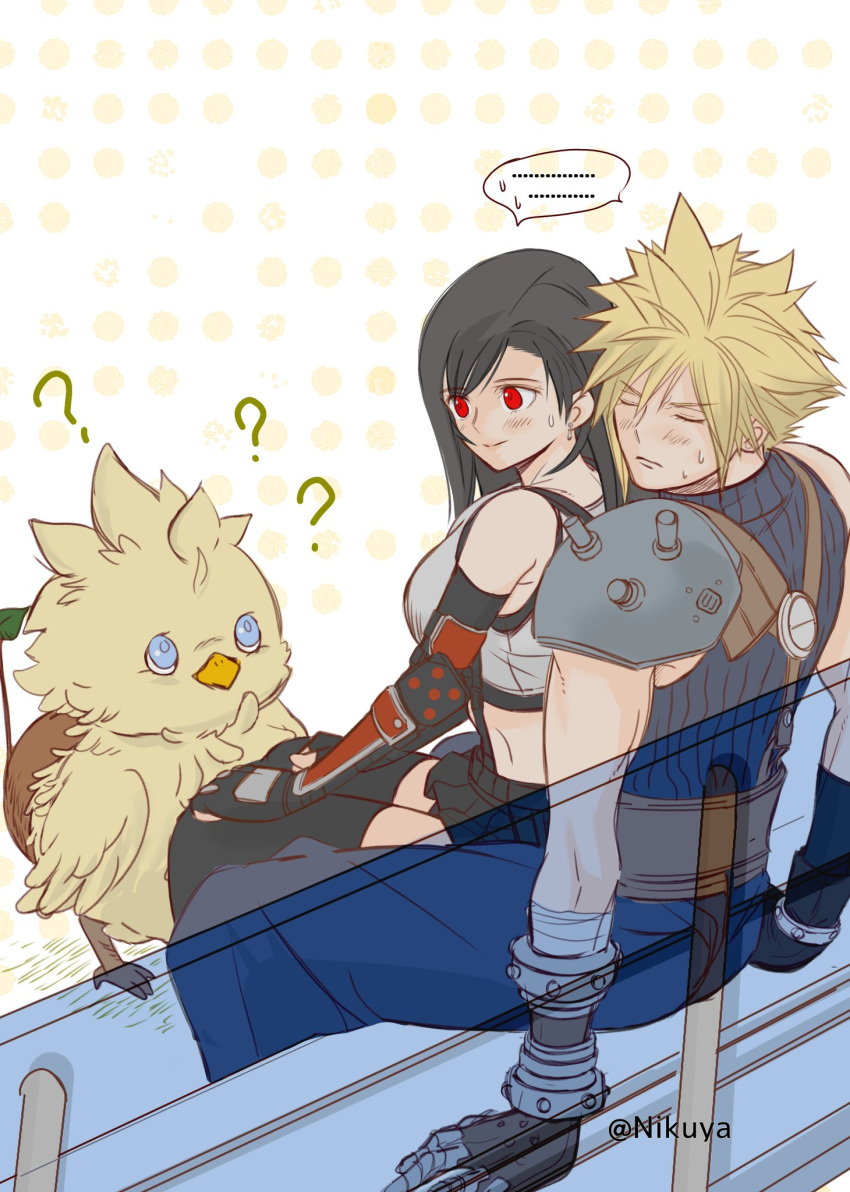 ... 1boy 1girl 1other ? bench bird black_hair blonde_hair blush chick chocobo cloud_strife final_fantasy final_fantasy_vii final_fantasy_vii_rebirth final_fantasy_vii_remake gauntlets gloves hands_on_own_knees highres implied_sex mixed-language_commentary nikuya_(nikuya888) single_arm_guard single_gauntlet single_shoulder_pad sitting sitting_on_lap sitting_on_person sleeveless sleeveless_turtleneck spoken_ellipsis suspenders thighhighs tifa_lockhart turtleneck