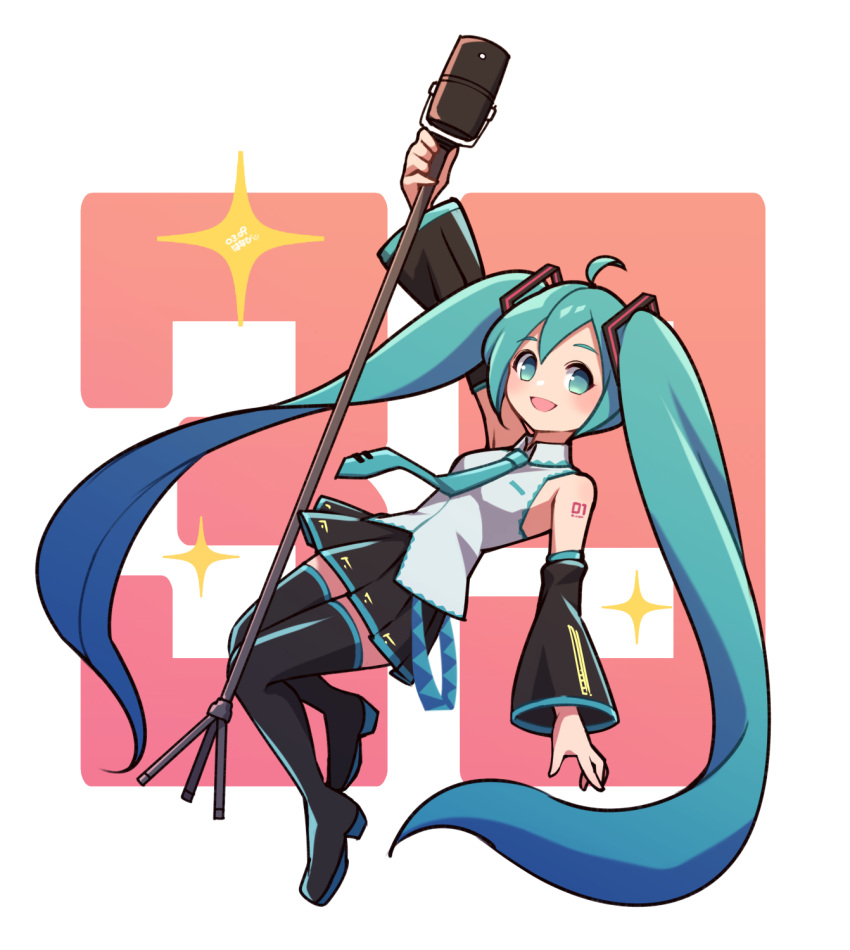 1girl aqua_eyes aqua_hair aqua_necktie bare_shoulders black_footwear black_sleeves boots breasts detached_sleeves grey_shirt hatsune_miku highres holding holding_microphone_stand long_hair long_sleeves looking_at_viewer medium_breasts microphone_stand miku_day necktie open_mouth pleated_skirt shirt skirt smile thigh_boots twintails umenodo very_long_hair vocaloid