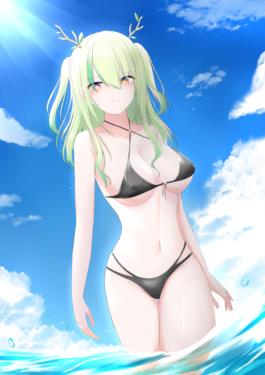 1girl absurdres antlers arms_at_sides bikini black_bikini blue_sky blush breasts ceres_fauna closed_mouth cloud collarbone day expressionless frokiya green_hair hair_between_eyes highres hololive hololive_english large_breasts long_hair mole mole_under_eye navel o-ring o-ring_bikini ocean outdoors sky solo stomach sunlight swimsuit thighs two_side_up virtual_youtuber wading water yellow_eyes