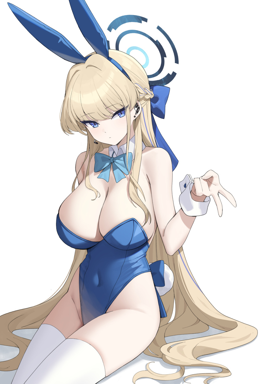 1girl absurdres animal_ears aqua_bow aqua_bowtie blonde_hair blue_archive blue_eyes blue_hairband blue_leotard bow bowtie commentary detached_collar earpiece english_commentary fake_animal_ears fake_tail hairband halo highleg highleg_leotard highres leotard long_hair looking_at_viewer nogong official_alternate_costume playboy_bunny rabbit_ears rabbit_tail sitting solo strapless strapless_leotard tail thighhighs toki_(blue_archive) toki_(bunny)_(blue_archive) v very_long_hair white_background white_thighhighs white_wrist_cuffs wrist_cuffs
