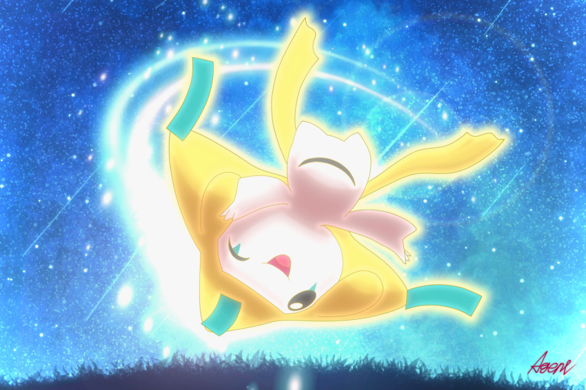 2023 3_fingers agent_0730 ambiguous_gender biped black_eyes blue_markings detailed_background digital_media_(artwork) eye_markings featureless_feet fingers floating generation_3_pokemon glowing grass hi_res humanoid jirachi legendary_pokemon markings multicolored_body night nintendo not_furry nude one_eye_closed open_mouth open_smile outside plant pokemon pokemon_(species) pupils shaded shooting_star signature sky smile soft_shading solo star starry_sky white_body white_pupils yellow_body