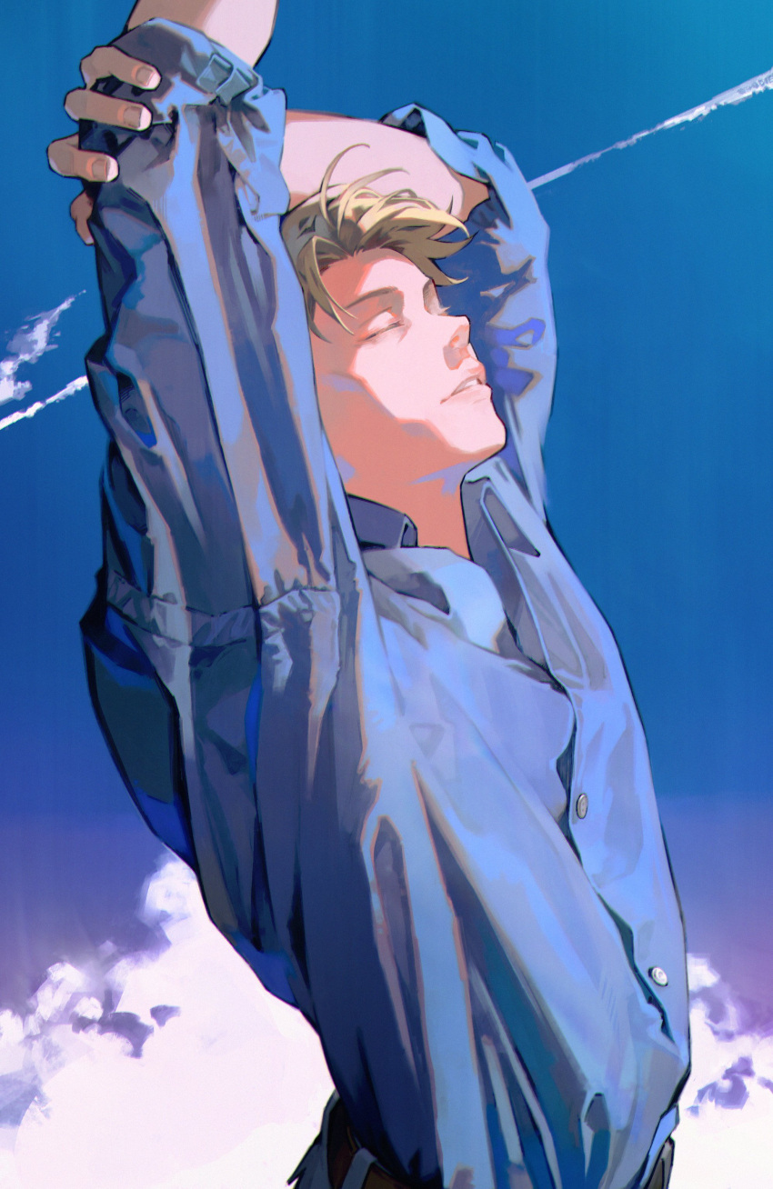 1boy absurdres arms_up blonde_hair blue_sky closed_eyes cloud cloudy_sky collared_shirt highres jujutsu_kaisen kyuuba_melo long_sleeves male_focus mature_male nanami_kento relaxing shirt short_hair sky solo stretching upper_body
