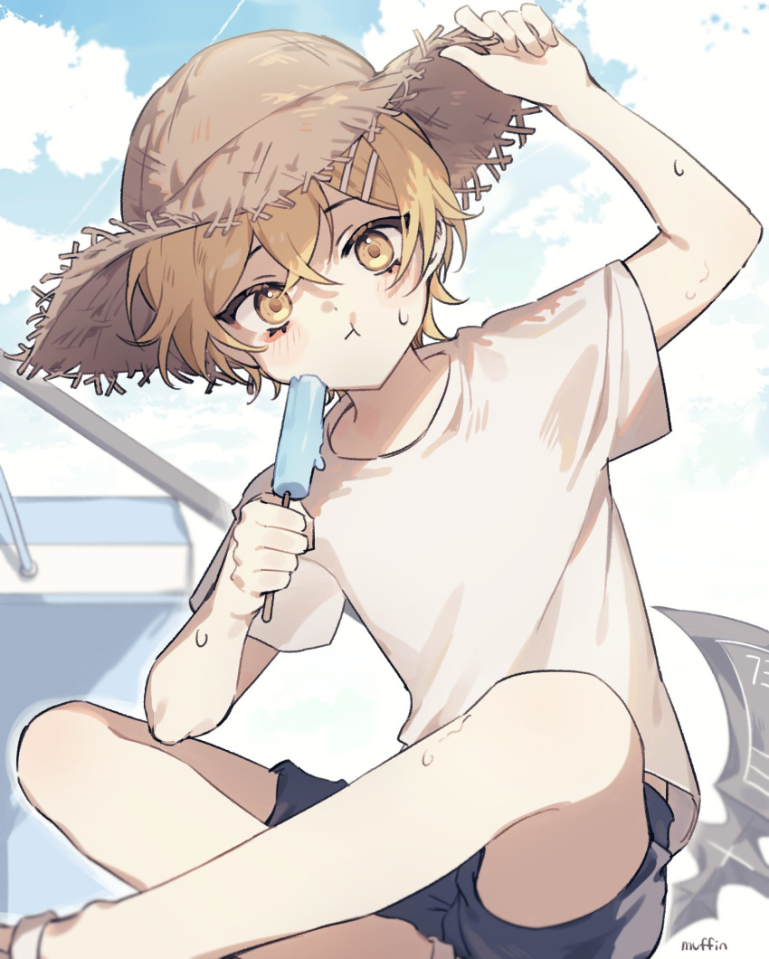 1boy arm_up axe blonde_hair blue_shorts blue_sky blush cooler crossed_legs food hat highres limbus_company looking_at_viewer love_mintchoco male_focus popsicle pout project_moon shirt short_sleeves shorts sinclair_(limbus_company) sitting sky solo straw_hat summer sweat t-shirt white_shirt yellow_eyes
