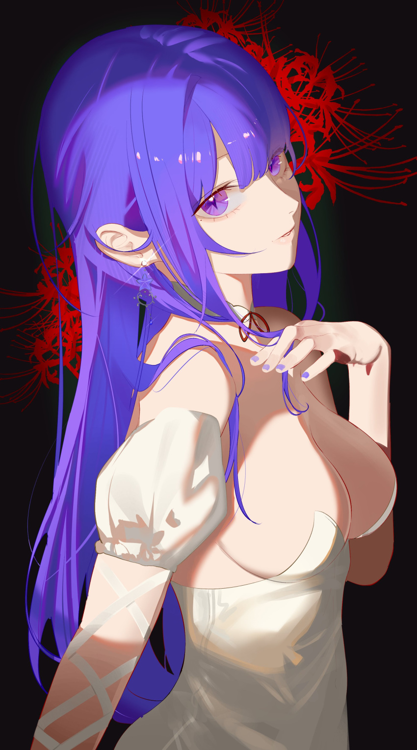 1girl absurdres black_background breasts cherrymaru cleavage detached_sleeves dress earrings fingernails flower genshin_impact hair_between_eyes highres jewelry large_breasts long_hair looking_at_viewer nail_polish parted_lips purple_eyes purple_hair purple_nails raiden_shogun red_flower simple_background solo spider_lily upper_body white_dress