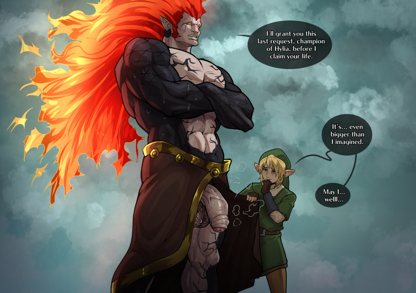 2boys absurdres bara black_skin blonde_hair blue_eyes colored_sclera colored_skin commentary crossed_arms derivative_work earrings english_commentary english_text fiery_hair flaccid ganondorf height_difference highres jewelry kokobiel large_penis large_testicles link long_hair looking_at_penis male_focus multicolored_skin multiple_boys muscular muscular_male no_panties penis pointy_ears precum red_sclera showgirl_skirt skirt_aside speech_bubble sweat testicles the_legend_of_zelda topless_male two-tone_skin uncensored yaoi yellow_eyes