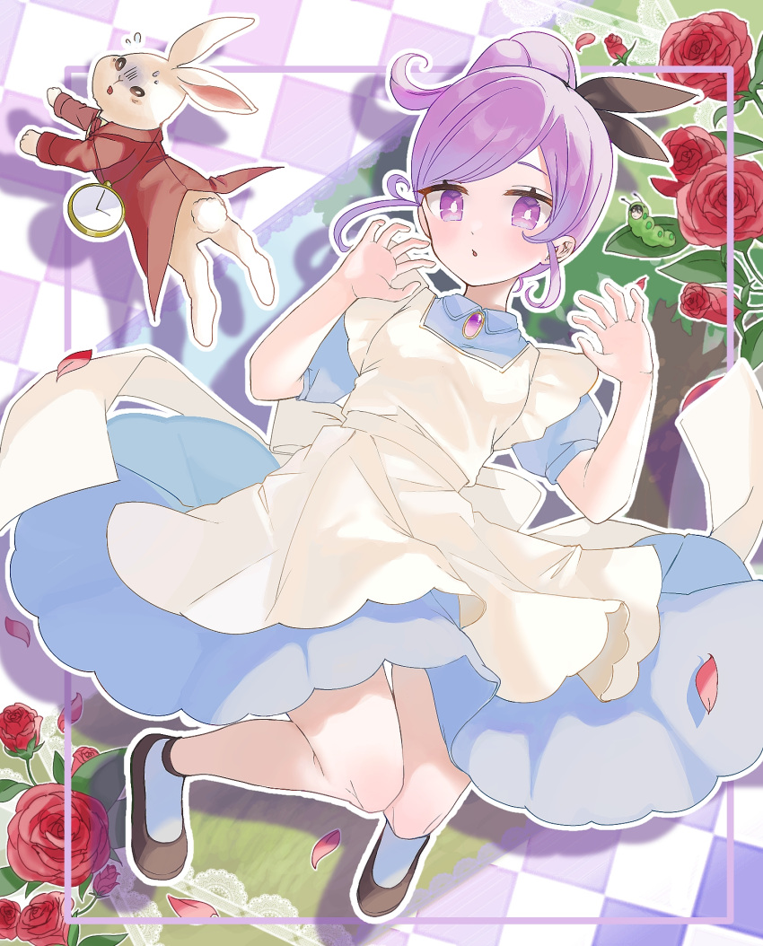 1girl alice_(alice_in_wonderland) alice_(alice_in_wonderland)_(cosplay) animal apron awahuji_miyuki black_footwear black_ribbon blue_dress caterpillar checkered_background clock cosplay dress flower gem hair_ribbon highres kimi_no_koto_ga_dai_dai_dai_dai_daisuki_na_100-nin_no_kanojo lying momiji_momi on_back ponytail purple_eyes purple_hair red_flower red_rose ribbon rose solo white_apron white_rabbit_(alice_in_wonderland)