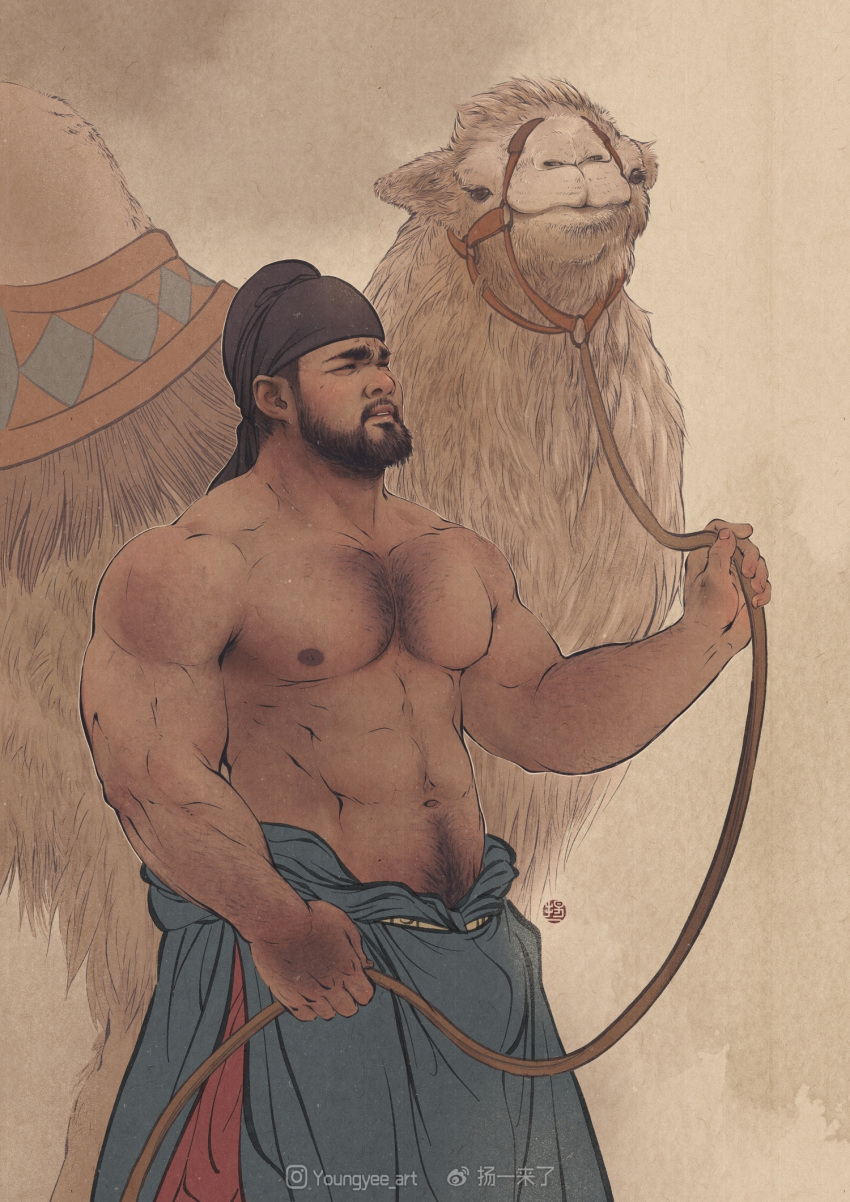 1boy abs arm_hair asian bara beard brown_theme bulge camel chest_hair cowboy_shot facial_hair hairy highres holding holding_leash large_pectorals leash looking_ahead male_focus mature_male muscular muscular_male mustache navel navel_hair nipples original pectorals realistic short_hair solo stomach strongman_waist thick_eyebrows youngyee_art