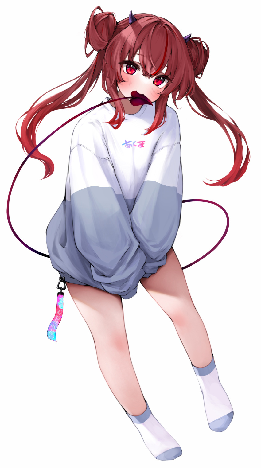 1girl absurdres blue_hoodie blush clothes_writing demon_girl demon_tail double_bun hair_bun highres hood hoodie horns kohe_billialot long_hair looking_at_viewer multicolored_clothes multicolored_hoodie original own_hands_together red_eyes red_hair simple_background sleeves_past_wrists socks tail tail_in_mouth twintails white_background white_hoodie