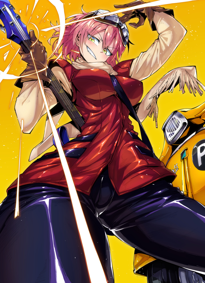 1girl black_pants brown_gloves electric_guitar flcl from_below gloves goggles goggles_on_head grin guitar haruhara_haruko highres holding_guitar instrument jacket looking_at_viewer looking_down medium_hair motor_vehicle pants pink_hair red_jacket scooter shimure_(460) simple_background sleeveless sleeveless_jacket smile solo vespa yellow_background yellow_eyes