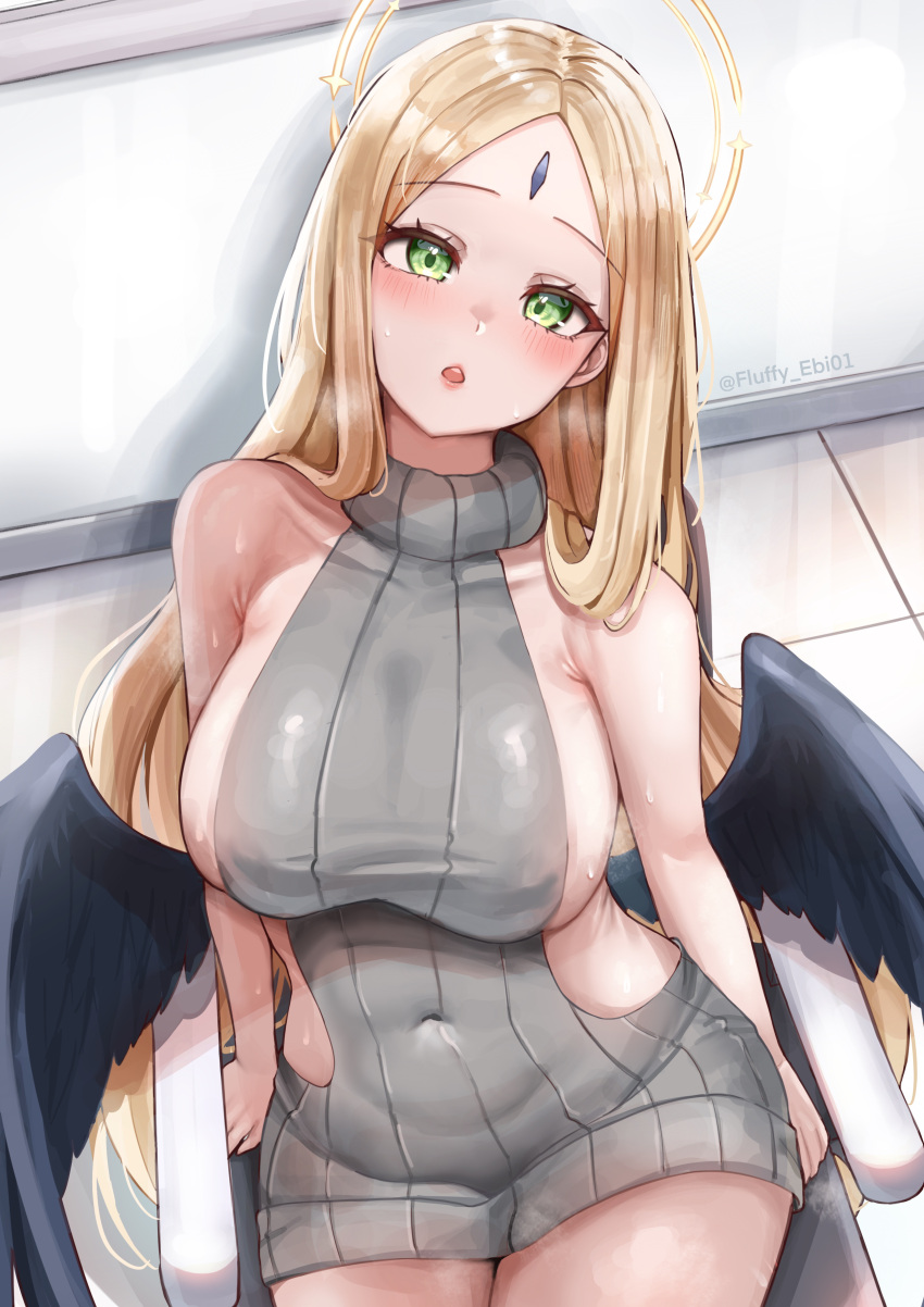 1girl absurdres alternate_costume ayumu_(blue_archive) black_wings blonde_hair blue_archive blush breasts collarbone covered_navel facial_mark feathered_wings fluffyebi01 grey_sweater halo head_tilt highres large_breasts looking_at_viewer meme_attire on_chair parted_bangs sideboob sideless_outfit sitting solo sweater twitter_username virgin_killer_sweater wings