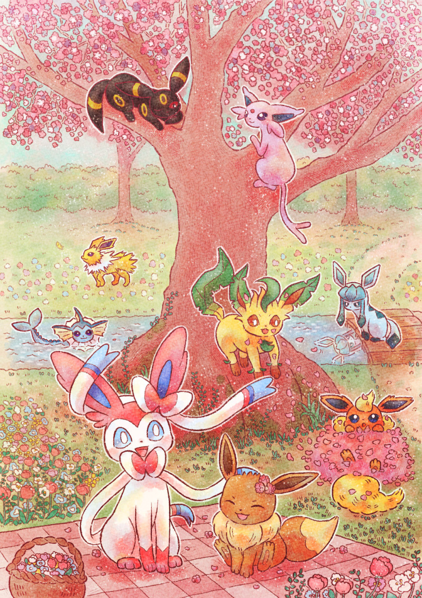 animal_focus black_eyes blanket blue_eyes bridge bright_pupils brown_eyes closed_eyes eevee espeon flareon flower flower_basket forehead_jewel glaceon highres in_tree jolteon kuruta_(qulta03) leafeon no_humans one_eye_closed open_mouth partially_submerged path petals picnic pink_flower pokemon pokemon_(creature) red_eyes reflection reflective_water smile spring_(season) sylveon tree umbreon under_tree vaporeon white_flower white_pupils