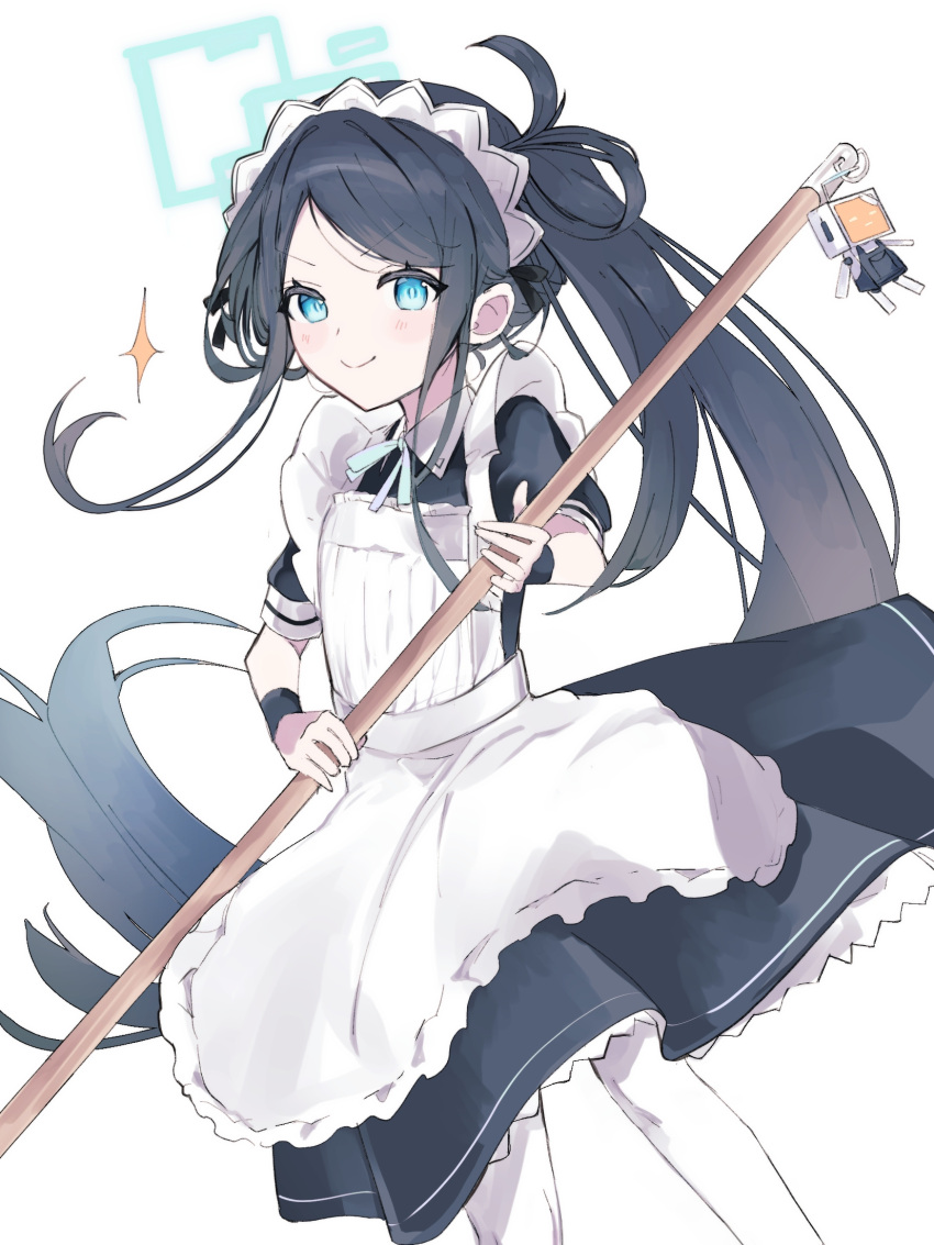 1girl aris_(blue_archive) aris_(maid)_(blue_archive) black_hair blue_archive blue_eyes broom closed_mouth halo haru_(eharuru_32) highres holding holding_broom long_hair looking_at_viewer maid maid_headdress official_alternate_costume pantyhose ponytail short_sleeves simple_background smile solo very_long_hair white_background white_pantyhose