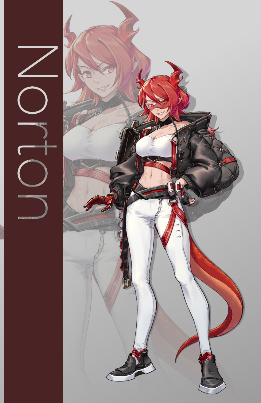 1girl absurdres breasts dragon_girl dragon_horns dragon_tail full_body grey_background grin hand_on_own_hip highres horns jacket large_breasts medium_hair midriff mono-san_no_tonkatsu monster_girl navel original pants prosthesis prosthetic_arm red_eyes red_hair scar shoes smile sneakers solo standing sunglasses tail white_pants zoom_layer