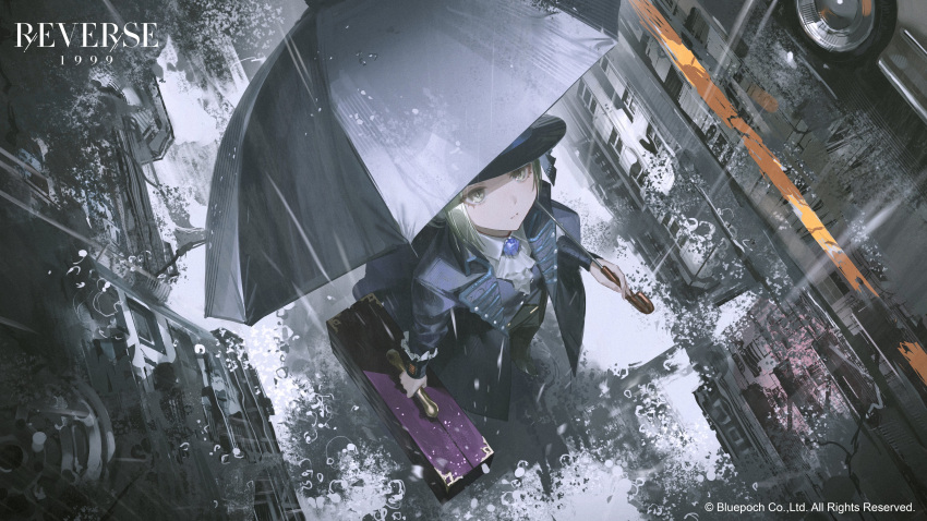 absurdres ascot character_request closed_mouth collared_shirt from_above highres holding holding_suitcase holding_umbrella jacket looking_up rain reflection reoen reverse:1999 shirt standing suitcase umbrella water wheel white_ascot
