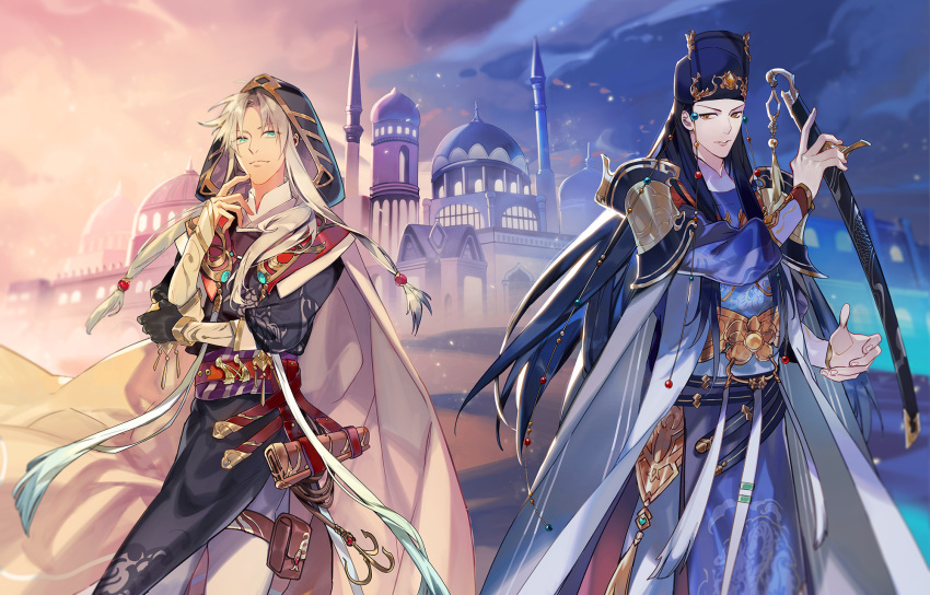 2boys aqua_eyes arabian_architecture arm_guards armor ayu_(auko2010) belt black_gloves black_hair black_headwear black_robe blue_robe boneless_carp_(the_tale_of_food) cape castle chinese_clothes closed_mouth cloud cowboy_shot dao desert east_longan_pearls_(the_tale_of_food) finger_to_mouth gloves gold_belt gradient_sky grappling_hook hair_over_shoulder hat highres holding holding_sword holding_weapon hood hood_up hooded_cape long_hair long_sleeves looking_at_viewer low_ponytail male_focus multiple_boys night pants parted_bangs parted_lips pelvic_curtain polar_opposites purple_sash red_belt robe sash scale_print sheath sheathed shoulder_armor sideways_glance single_glove sky smile standing sunset sword tassel the_tale_of_food thigh_pouch v-shaped_eyebrows weapon white_cape white_hair white_pants yellow_eyes