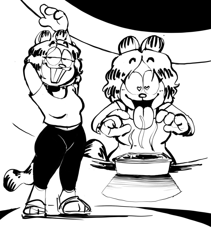 &lt;3 anthro black_and_white bottomwear clothed clothing creator_ant female feminized food footwear garfield_(series) garfield_the_cat girly hair hi_res lasagna long_hair monochrome pants pasta shoes simple_background sketch solo steam tongue yoga_pants