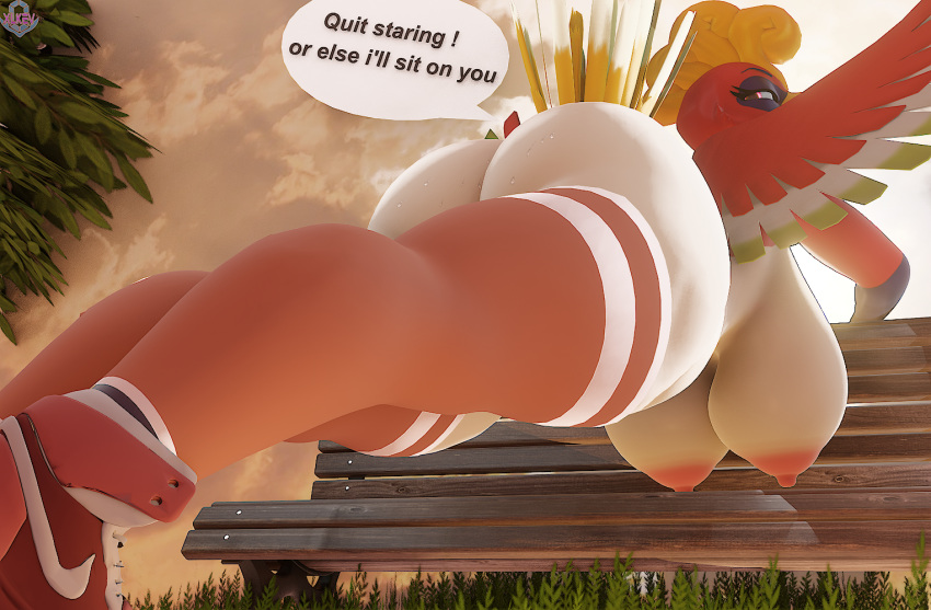 3d_(artwork) anthro big_breasts big_butt breasts butt clothing digital_media_(artwork) feathered_wings feathers female footwear generation_2_pokemon ho-oh legendary_pokemon nintendo nipples outside pokemon pokemon_(species) shoes solo thick_thighs wings xlkev