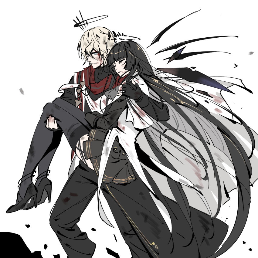 1boy 1girl absurdly_long_hair arknights ascot black_coat black_footwear black_garter_straps black_gloves black_hair black_halo black_pants black_skirt black_sleeves black_thighhighs black_wings bleeding bleeding_from_forehead blood blood_on_clothes blood_on_face blood_on_hands blue_eyes blunt_bangs broken_halo cargo_pants carrying carrying_person cloak closed_eyes closed_mouth coat collared_coat collared_jacket colored_inner_hair commentary_request cousins dark_halo detached_wings doctahmem dot_nose energy_wings executor_(arknights) executor_the_ex_foedere_(arknights) facing_ahead feet_out_of_frame fingerless_gloves floating_hair from_side full_body garter_straps gloves grey_ascot grey_hair hair_between_eyes halo hand_on_another's_leg hand_on_another's_shoulder hand_on_another's_thigh high_collar high_heels highres hime_cut injury jacket korean_commentary layered_sleeves long_hair long_sleeves looking_afar looking_ahead mechanical_halo mechanical_wings messy_hair miniskirt multicolored_cloak multicolored_hair official_alternate_costume pale_skin pants parted_lips pleated_skirt princess_carry red_cloak serious short_hair short_over_long_sleeves short_sleeved_jacket short_sleeves sidelocks simple_background skirt sleeve_cuffs standing strappy_heels teeth thighhighs two-tone_cloak two-tone_hair unconscious very_long_hair virtuosa_(arknights) walking white_background white_cloak white_jacket wide_sleeves wings zettai_ryouiki