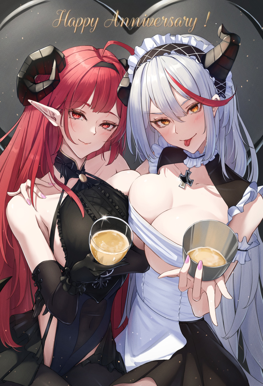 2girls aegir_(azur_lane) aegir_(iron_blood's_dragon_maid)_(azur_lane) arm_garter azur_lane bare_shoulders black_dress black_headband black_horns blush breast_press breasts center_cross_lace cleavage clothing_cutout covered_navel curled_horns demon_horns dress elbow_gloves frilled_bandeau frilled_hairband frills gloves hair_on_horn hairband headband highres hindenburg_(azur_lane) horns large_breasts looking_at_viewer maid_headdress multicolored_hair multiple_girls official_alternate_costume pointy_ears ropi_(yyuichi29) see-through smile streaked_hair thighhighs tongue tongue_out underboob white_thighhighs
