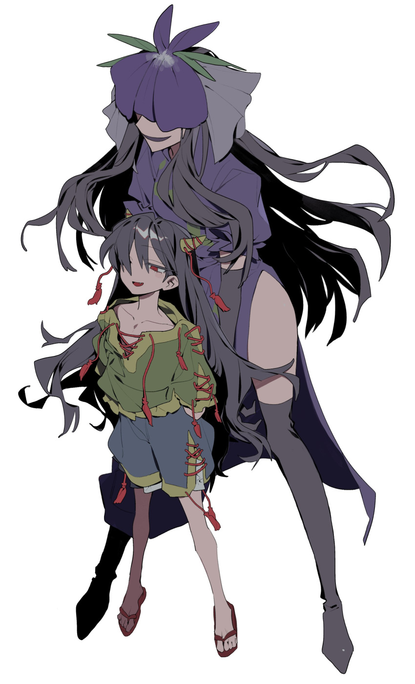 2girls absurdres black_hair black_thighhighs blue_shorts collarbone full_body green_shirt higa423 highres horns long_hair multiple_girls nippaku_zanmu shirt shorts simple_background smile thighhighs touhou white_background yomotsu_hisami