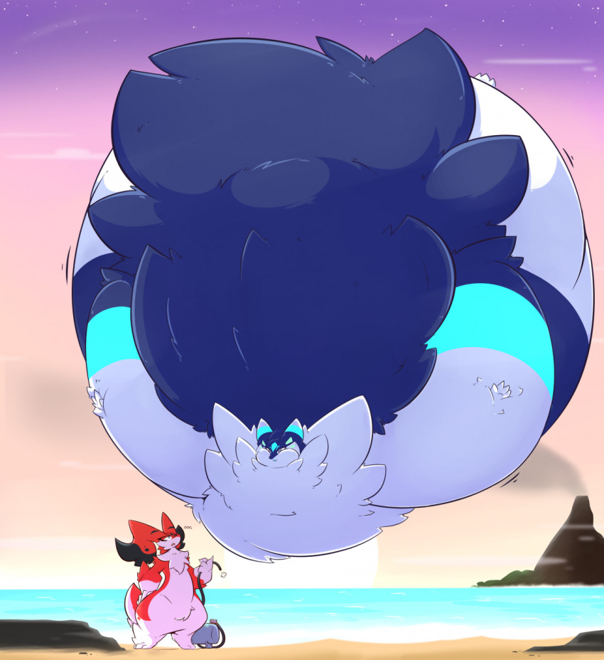 2021 air_inflation ambiguous_gender anthro bandai_namco beach blue_body blue_fur chest_tuft crotch_tuft digimon digimon_(species) duo fakemon fur hi_res hyper_inflation inflation male piston(weighty-kite) red_body red_fur seaside solo_focus spherical_inflation tuft weighty-kyte white_body white_fur