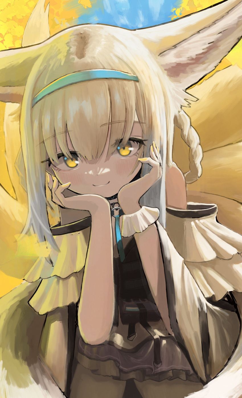 1girl absurdres animal_ear_fluff animal_ears arknights bare_shoulders blonde_hair blue_hairband braid braided_hair_rings closed_mouth clothing_cutout colored_tips commentary_request dress fox_ears fox_girl fox_tail frilled_sleeves frills hair_rings hairband highres kitsune kyuubi looking_at_viewer multicolored_hair multiple_tails purple_dress relvetic short_hair short_sleeves shoulder_cutout single_wrist_cuff smile solo suzuran_(arknights) tail twin_braids two-tone_hair white_hair wrist_cuffs yellow_eyes