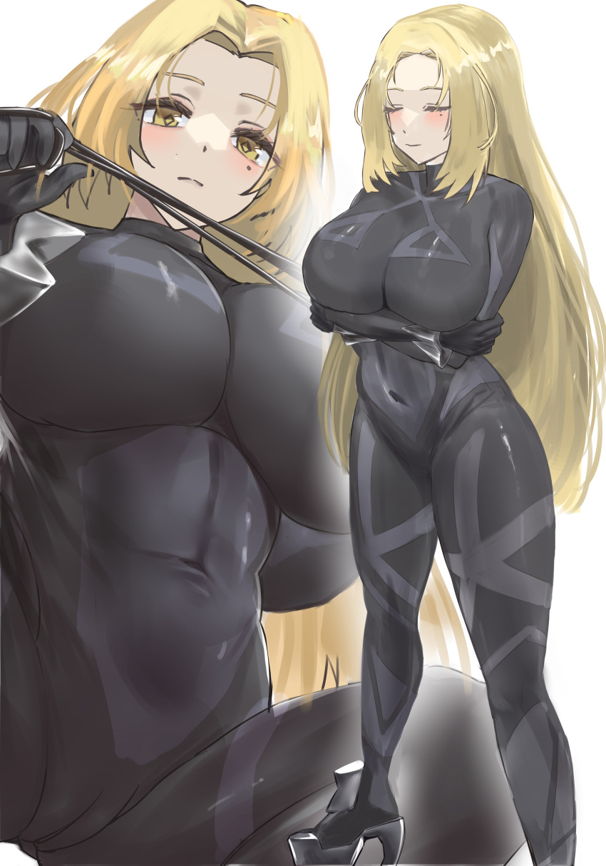 1girl absurdres arms_under_breasts blonde_hair blush bodysuit breasts cameltoe character_request cleavage closed_eyes collarbone commission covered_navel crossed_arms high_heels highres impossible_clothes large_breasts long_hair looking_at_viewer mole mole_under_eye multiple_views nuo_(fttv3255) pixiv_commission simple_background skin_tight symbol-shaped_pupils tatakau_ataisuru whip white_background