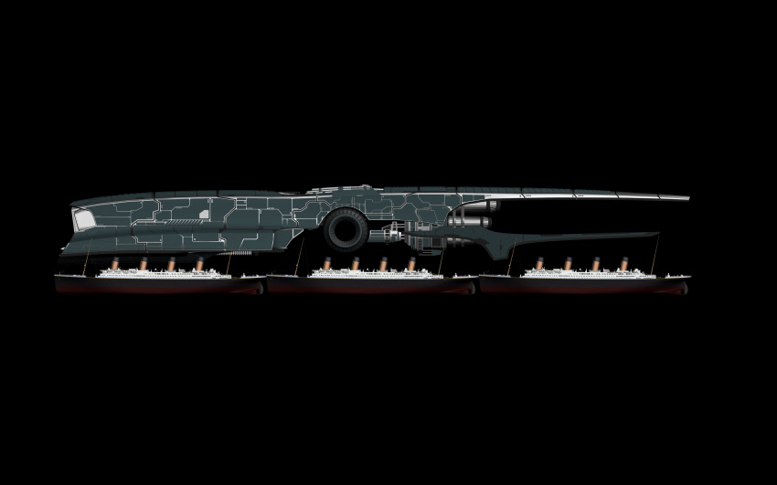 3d absurdres battleship_(eve_online) black_background commentary concept_art eve_online exhaust_pipe from_side gallente_federation_(eve_online) highres military_vehicle nym182 ocean_liner original real_life realistic rms_titanic science_fiction ship simple_background size_comparison spacecraft thrusters vehicle_focus watercraft
