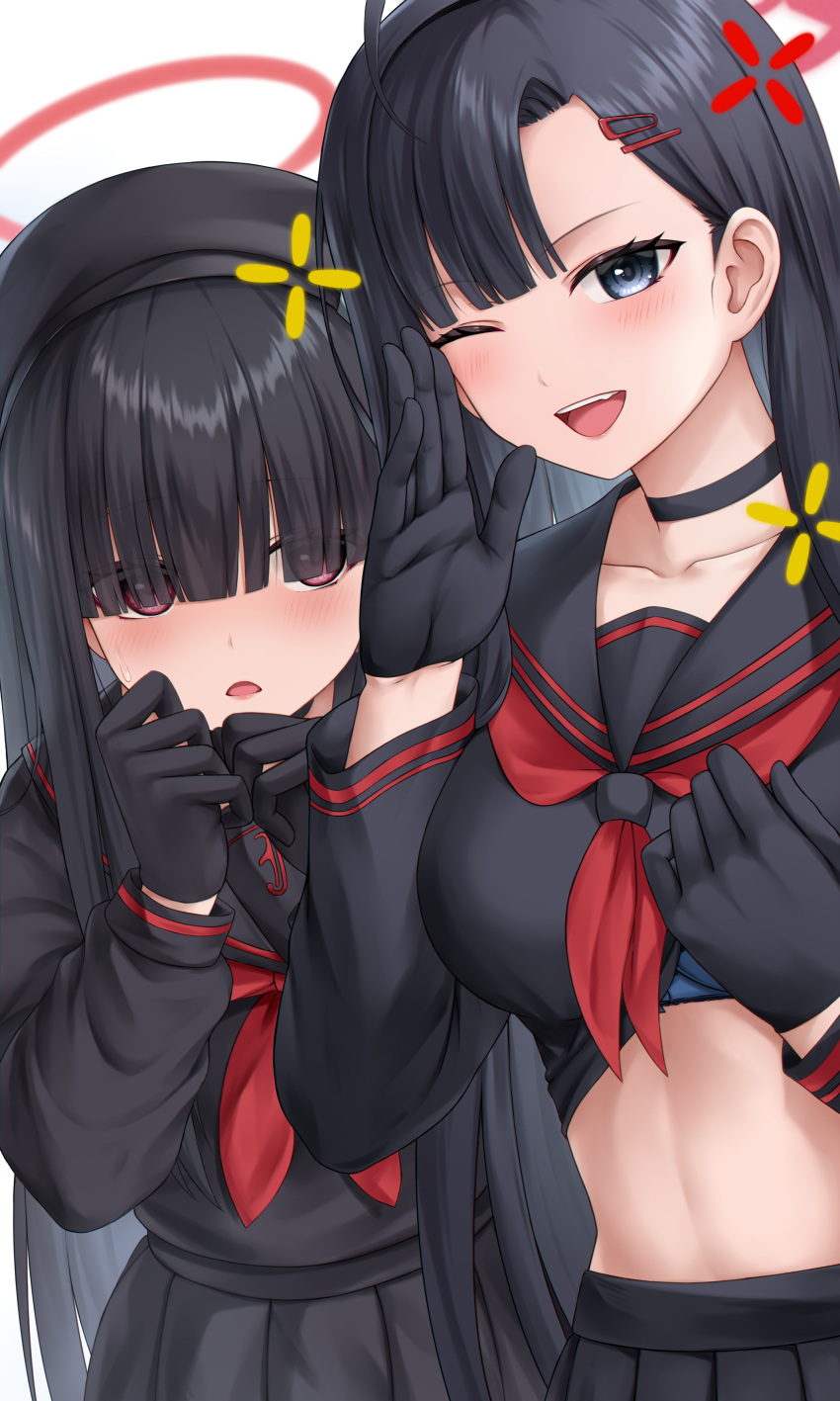 2girls ;d absurdres black_gloves black_sailor_collar black_serafuku black_shirt blue_archive blue_eyes chien_zero clothes_lift commentary_request gloves halo highres ichika_(blue_archive) justice_task_force_member_(blue_archive) lifted_by_self looking_at_viewer midriff multiple_girls navel neckerchief one_eye_closed open_mouth red_eyes red_halo red_neckerchief sailor_collar school_uniform serafuku shirt shirt_lift smile