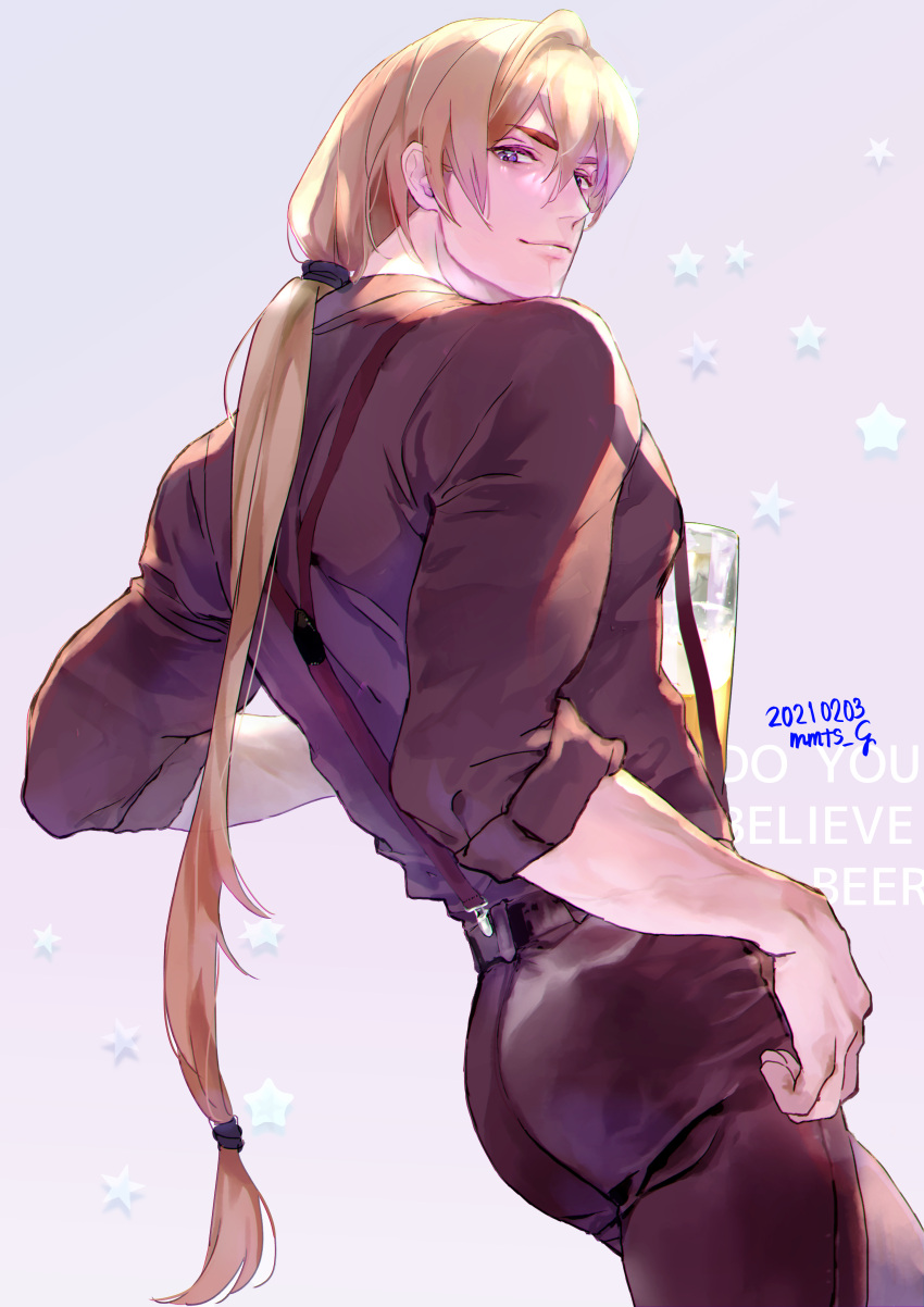 1boy absurdres artist_name beer_mug blonde_hair brown_shirt closed_mouth cup dated english_text hair_between_eyes highres holding holding_cup long_hair looking_at_viewer looking_back male_focus mmts_g mug ponytail shirt sleeves_rolled_up smile star_(symbol) strap suspenders terry_bogard the_king_of_fighters the_king_of_fighters_for_girls very_long_hair