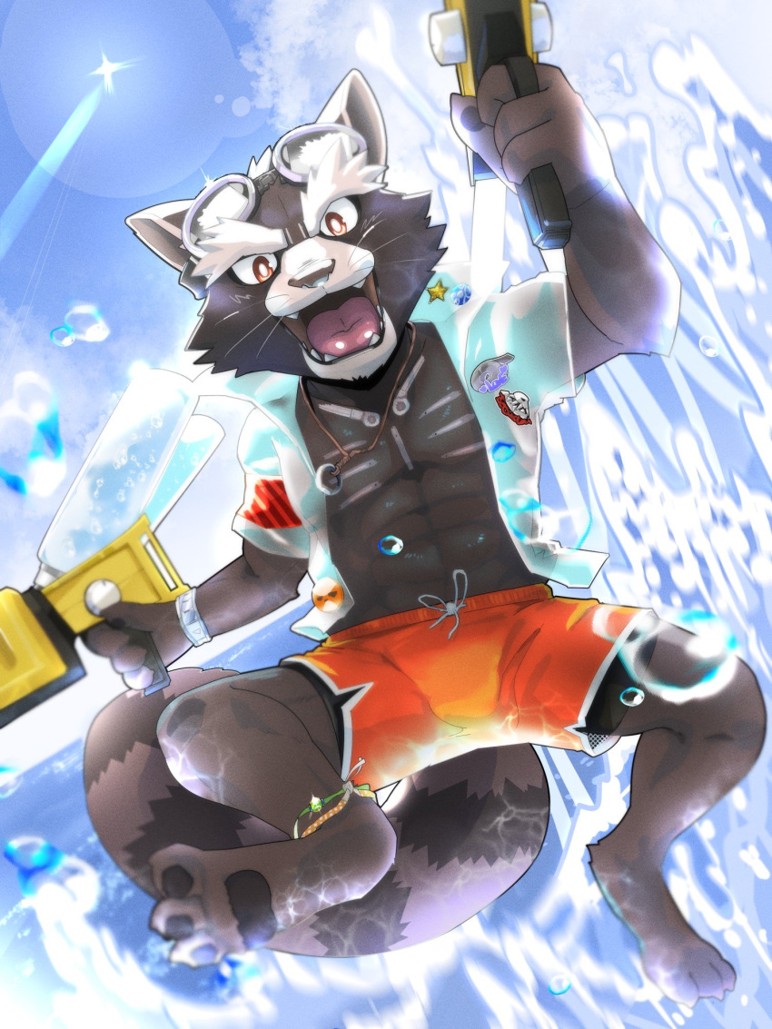 abs anklet anthro athletic athletic_anthro athletic_male clothed clothing cloud debirobu eyewear goggles guardians_of_the_galaxy hi_res jewelry male mammal marvel necklace open_clothing open_shirt open_topwear pawpads pecs procyonid raccoon red_eyes rocket_raccoon sea shirt sky smile solo tongue topwear toy toy_gun water water_gun