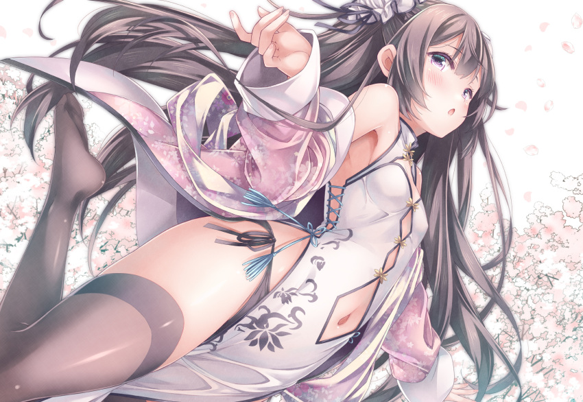 1girl bare_shoulders black_panties black_thighhighs blush breasts brown_hair bun_cover china_dress chinese_clothes cleavage_cutout clothing_cutout double_bun dress hair_bun hair_ornament highres long_hair looking_at_viewer navel open_mouth original panties pelvic_curtain pink_eyes print_dress ryo_(botugo) side_slit sleeveless sleeveless_dress small_breasts solo thighhighs underwear