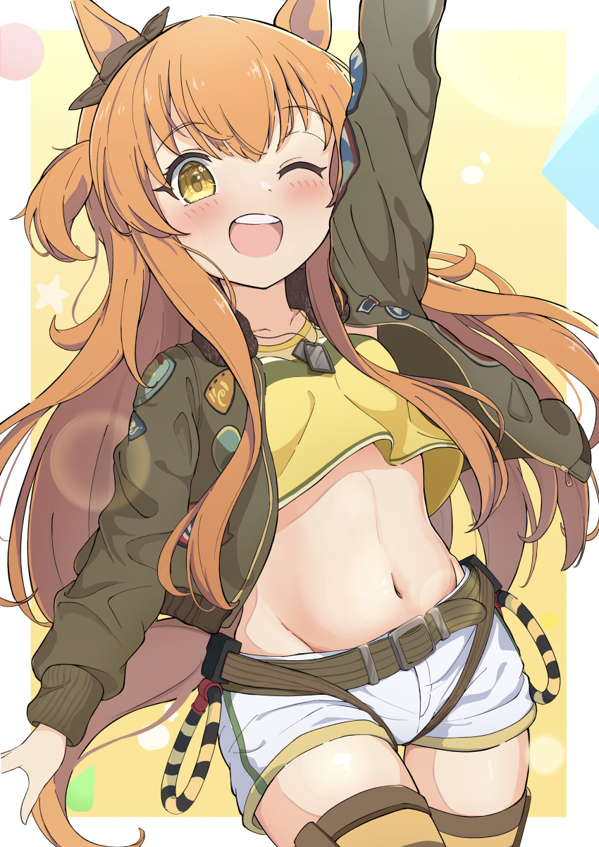 1girl absurdres animal_ears arm_up badge black_bow bomber_jacket bow breasts commentary dog_tags ear_bow hair_between_eyes highres horse_ears horse_girl horse_tail jacket long_hair mayano_top_gun_(umamusume) midriff navel open_mouth orange_hair sevlhd_hero shirt short_shorts shorts small_breasts smile solo tail teeth umamusume upper_teeth_only white_shorts yellow_shirt