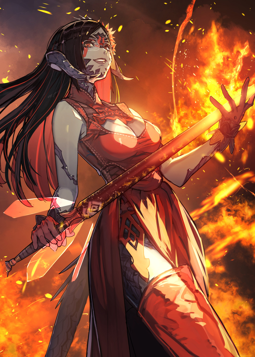 1girl absurdres au_ra black_hair boots breasts cleavage_cutout clothing_cutout colored_inner_hair colored_skin commission dragon_horns dragon_tail dress dutch_angle final_fantasy final_fantasy_xiv fire glasses gloves grey_skin hide_(hideout) highres holding holding_sword holding_weapon horns lips long_hair looking_at_viewer medium_breasts multicolored_hair red_dress red_eyes red_gloves red_hair red_mage rimless_eyewear scales side_slit skeb_commission sleeveless sleeveless_dress smile solo sword tail teeth thigh_boots warrior_of_light_(ff14) weapon