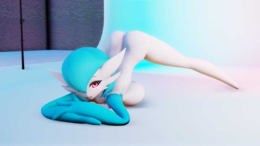 2021 3_fingers 3d_(artwork) ass_up big_breasts blue_hair breasts breasts_on_ground butt digital_media_(artwork) female fingers gardevoir generation_3_pokemon hair hair_over_eye hi_res humanoid jack-o'_pose looking_at_viewer mrjinsenpai nintendo not_furry nude one_eye_obstructed orange_eyes pokemon pokemon_(species) pose shiny_pokemon side_boob smile smiling_at_viewer solo zy0n7