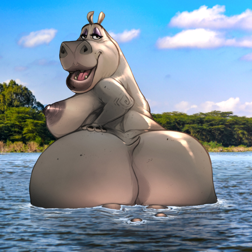 absurd_res anthro band1tnsfw big_breasts big_butt breasts butt cloud common_hippopotamus dreamworks eyelashes eyeshadow female gloria_the_hippopotamus grey_body grey_skin half-closed_eyes hi_res hippopotamid huge_breasts huge_butt lips looking_at_viewer looking_back looking_back_at_viewer madagascar_(series) makeup mammal narrowed_eyes nipples outside partially_submerged presenting presenting_hindquarters purple_eyeshadow rear_view short_tail sky solo tail thick_lips water