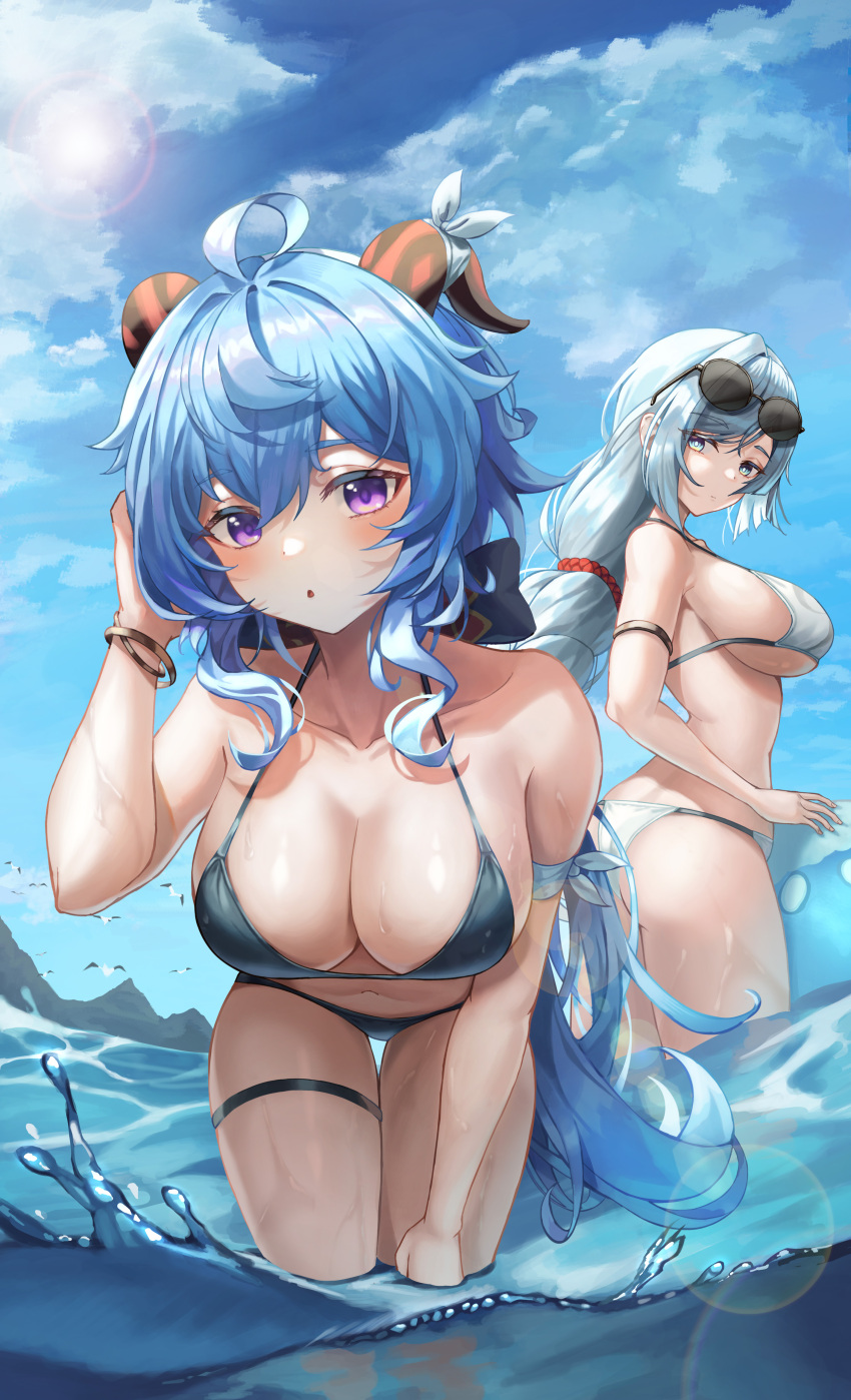 2girls absurdres ahoge alternate_breast_size alternate_costume arm_strap arm_up ass bare_arms bare_shoulders bent_over bikini black-framed_eyewear black_bikini blue_eyes blue_hair breasts cleavage collarbone day eyewear_on_head from_side ganyu_(genshin_impact) genshin_impact goat_horns halterneck highres horns large_breasts long_hair looking_at_viewer low_ponytail multiple_girls navel ocean outdoors parted_lips purple_eyes round_eyewear shenhe_(genshin_impact) sideboob sidelocks skindentation slime_nyang standing stomach strap_gap string_bikini sunglasses swimsuit thigh_gap thigh_strap thighs very_long_hair wading water wet white_bikini white_hair wristband