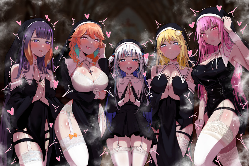 5girls absurdres bare_shoulders blonde_hair blue_eyes blue_hair blunt_bangs blush breasts cleavage closed_mouth commentary_request earrings feather_earrings feathers garter_straps gawr_gura gradient_hair green_hair grey_hair habit hair_ornament heart heart-shaped_pupils highres hololive hololive_english holomyth hosto jewelry large_breasts long_hair looking_at_viewer mole mole_under_eye monocle_hair_ornament mori_calliope multicolored_hair multiple_girls ninomae_ina'nis nun open_mouth orange_hair own_hands_together pink_eyes pink_hair pointy_ears praying purple_eyes purple_hair red_eyes shark_girl sharp_teeth small_breasts steam streaked_hair sweat symbol-shaped_pupils takanashi_kiara teeth tentacle_hair thighhighs thighs tongue tongue_out trembling two_side_up very_long_hair virtual_youtuber watson_amelia white_thighhighs