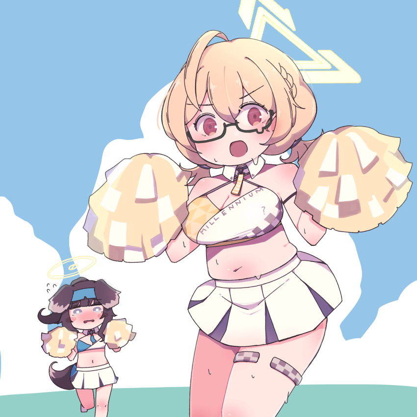 2girls ? ahoge bare_shoulders blonde_hair blue_archive blue_sky blush braid breasts brown_eyes brown_hair brown_tail cheerleader cleavage cloud commentary_request cowboy_shot crop_top day dog_girl glasses hair_between_eyes halo highres holding holding_pom_poms horoyuki_(gumizoku) kotori_(blue_archive) kotori_(cheer_squad)_(blue_archive) large_breasts long_hair looking_at_viewer midriff millennium_cheerleader_outfit_(blue_archive) miniskirt muffin_top multiple_girls navel no_nose open_mouth outdoors pleated_skirt pom_pom_(cheerleading) semi-rimless_eyewear short_twintails skirt sky sweat tareme thighlet twintails under-rim_eyewear white_skirt wing_collar yellow_halo