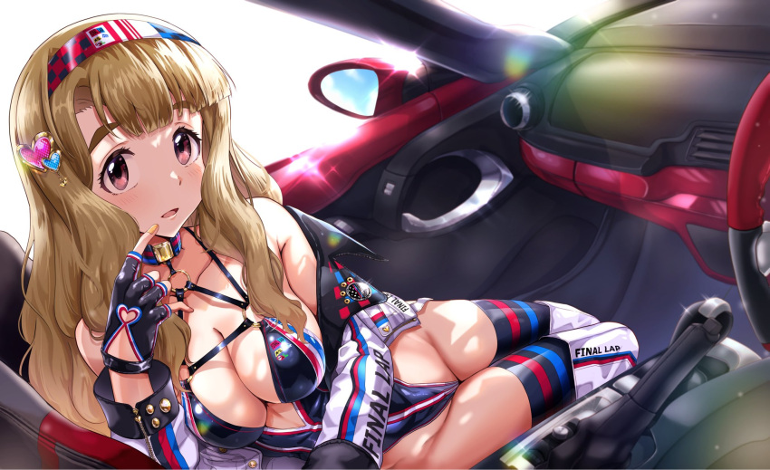 1girl bare_shoulders blush boots breasts brown_eyes brown_hair car car_interior cleavage fingerless_gloves gloves hair_ornament hairband heart heart_hair_ornament highleg highleg_leotard highres idolmaster idolmaster_million_live! jacket large_breasts leotard long_hair looking_at_viewer miyao_miya motor_vehicle nail_polish open_clothes open_mouth race_queen run_p_(aveton) sitting solo striped striped_thighhighs thick_eyebrows thigh_boots thighhighs thighs