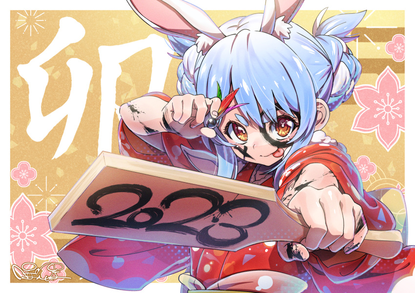 1girl 2023 :p animal_ears blue_hair extra_ears facepaint hagoita hane_(hanetsuki) hanetsuki highres hikimayu hololive japanese_clothes kimono long_hair multicolored_hair nisui_noki official_alternate_costume orange_eyes paddle rabbit-shaped_pupils rabbit_ears red_kimono short_eyebrows sleeves_rolled_up symbol-shaped_pupils tasuki thick_eyebrows tongue tongue_out two-tone_hair usada_pekora usada_pekora_(2nd_costume) v-shaped_eyebrows virtual_youtuber white_hair